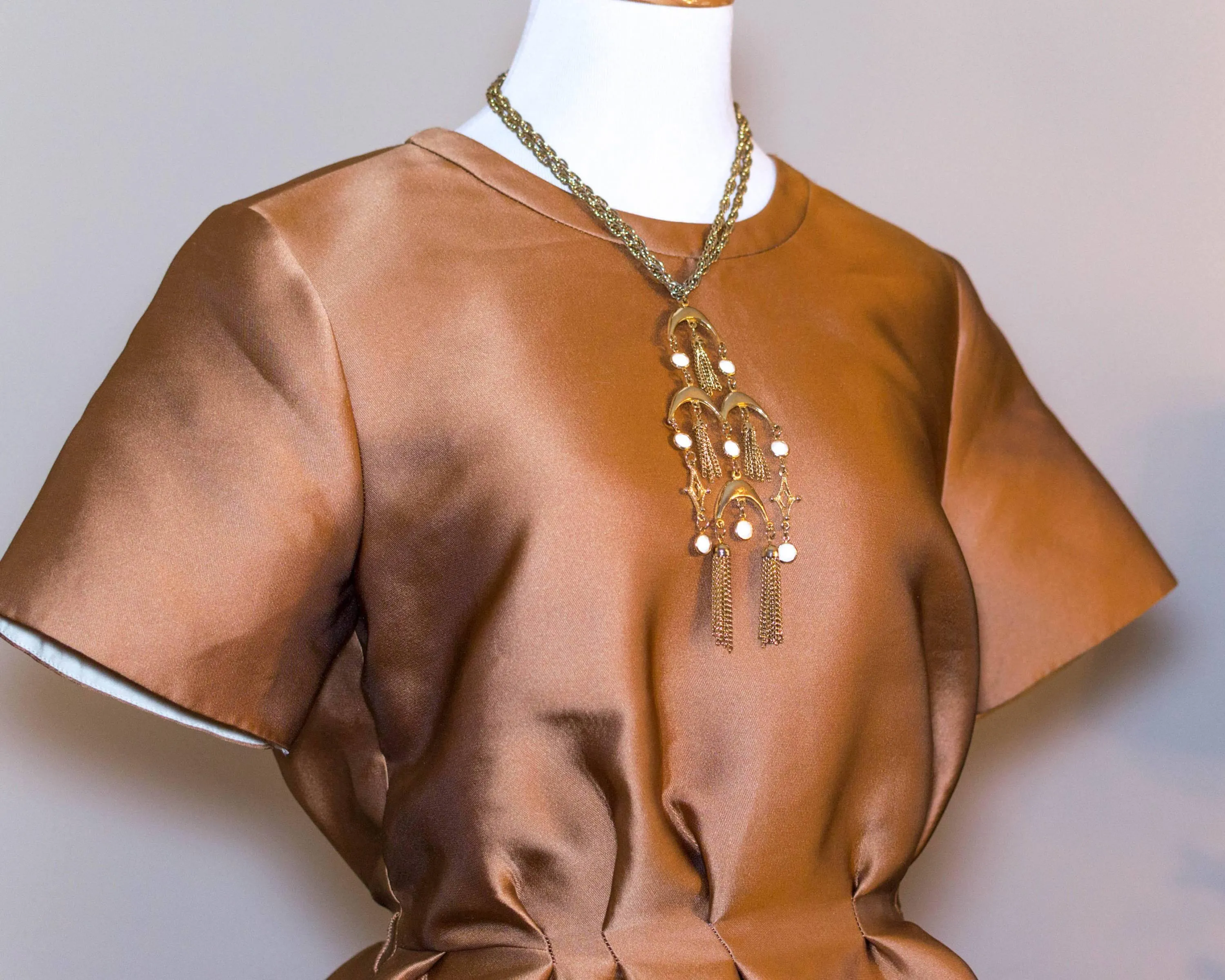 Gold and White Bezel Set Crystal Tassel  Statement Necklace