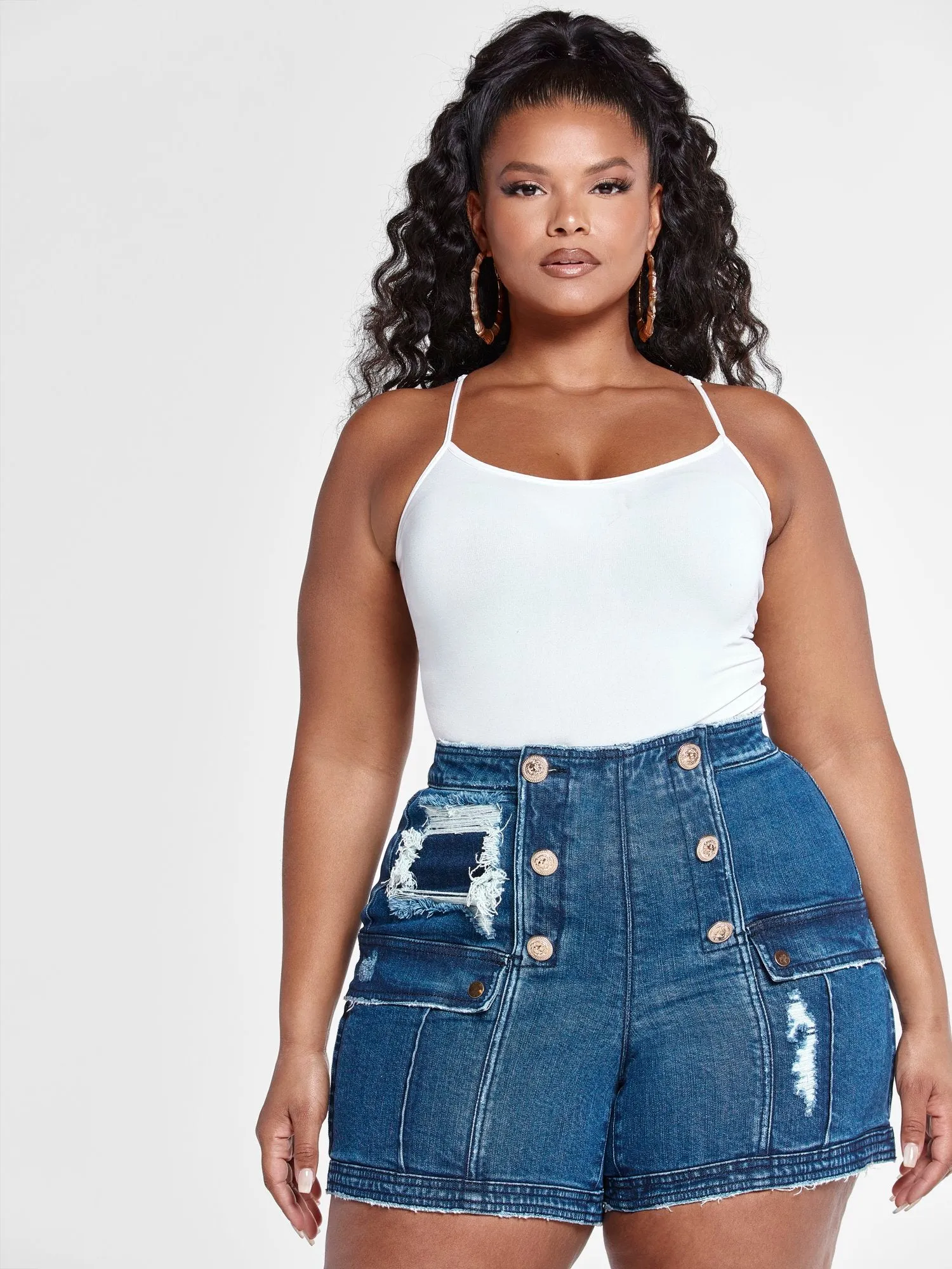 High Rise Sailor Button Denim Shorts