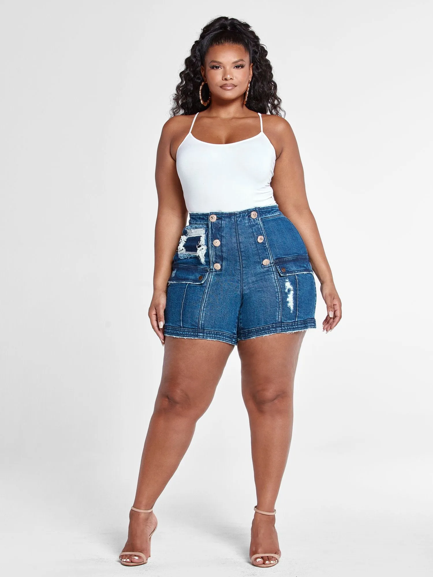 High Rise Sailor Button Denim Shorts