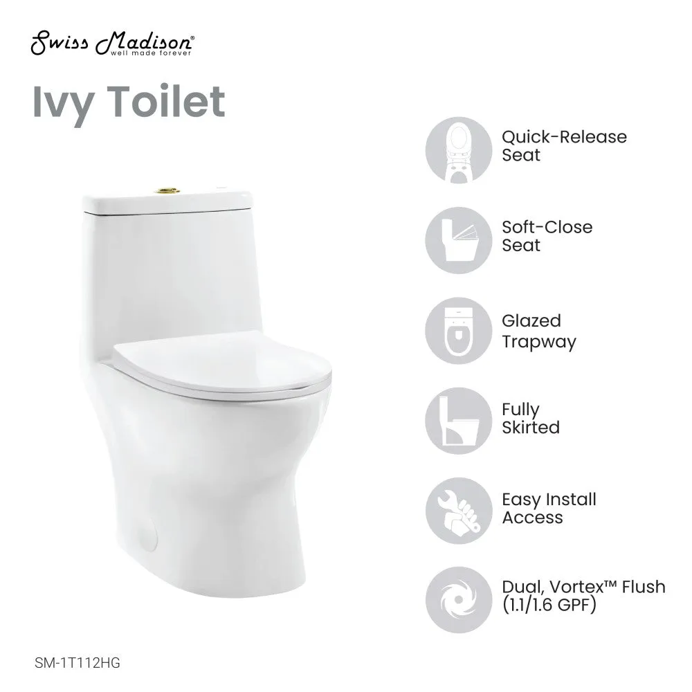 Ivy One Piece Toilet Dual Vortex™ Flush, Brushed Gold Hardware 1.1/1.6 gpf