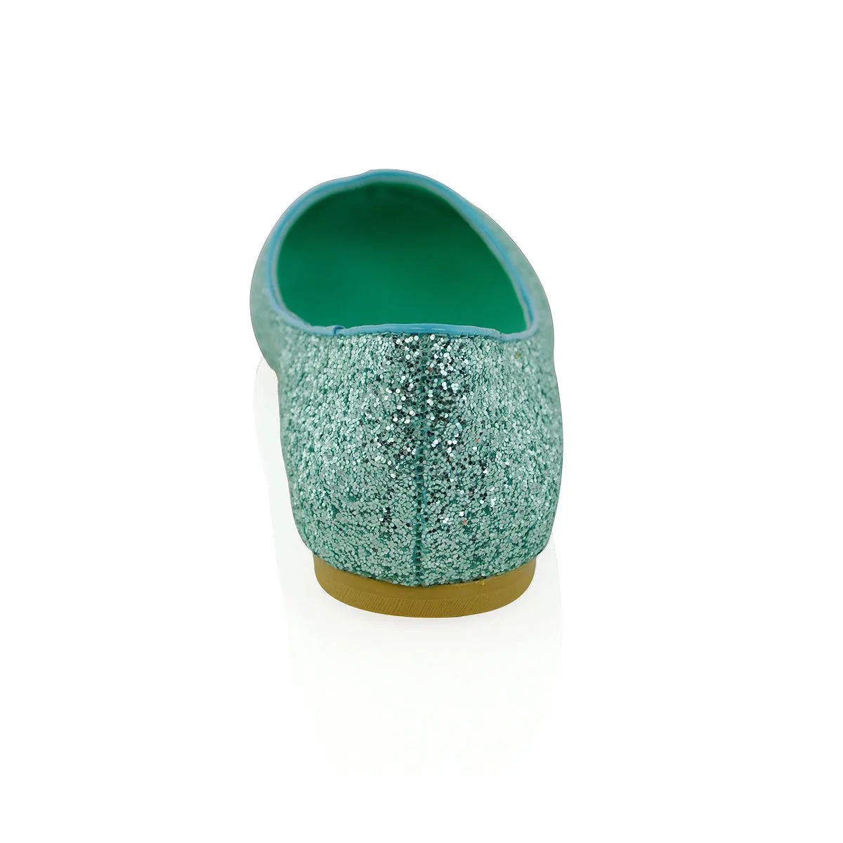 JAZ SLIP ON FLAT LOW BLOCK HEEL SPARKLY BALLERINA PUMP SHOES IN TURQUOISE GLITTER
