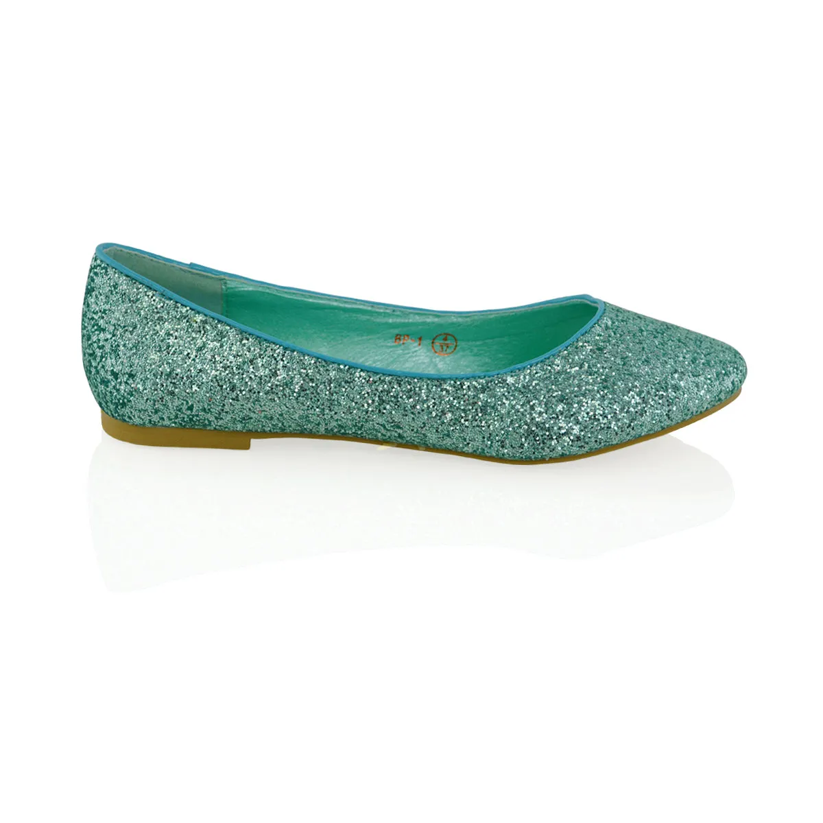 JAZ SLIP ON FLAT LOW BLOCK HEEL SPARKLY BALLERINA PUMP SHOES IN TURQUOISE GLITTER