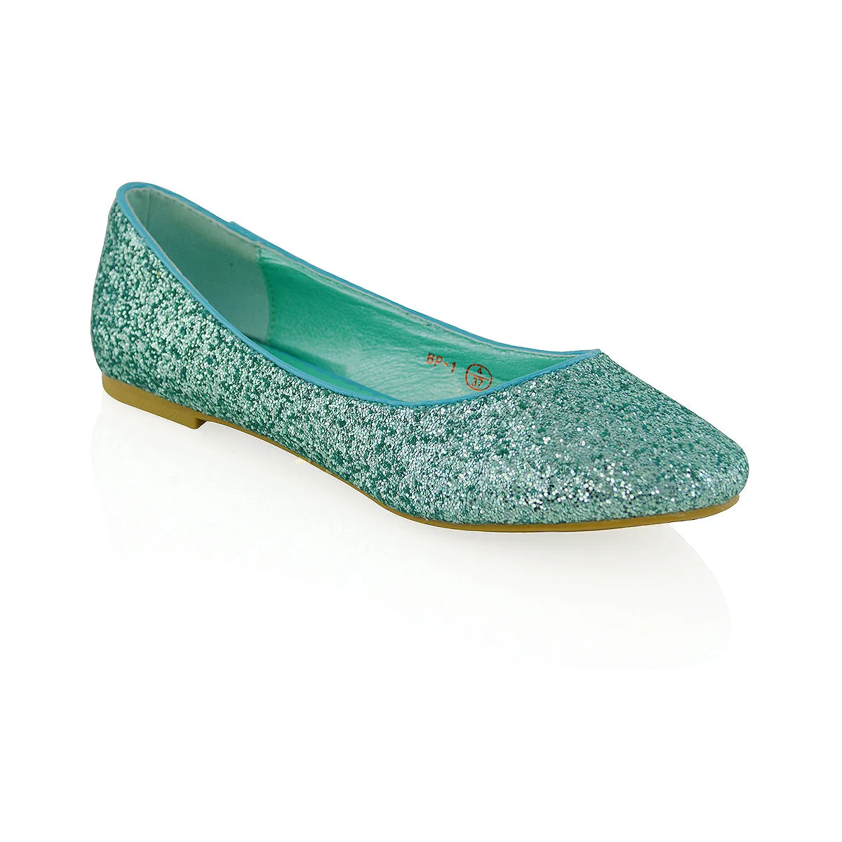 JAZ SLIP ON FLAT LOW BLOCK HEEL SPARKLY BALLERINA PUMP SHOES IN TURQUOISE GLITTER