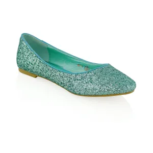 JAZ SLIP ON FLAT LOW BLOCK HEEL SPARKLY BALLERINA PUMP SHOES IN TURQUOISE GLITTER