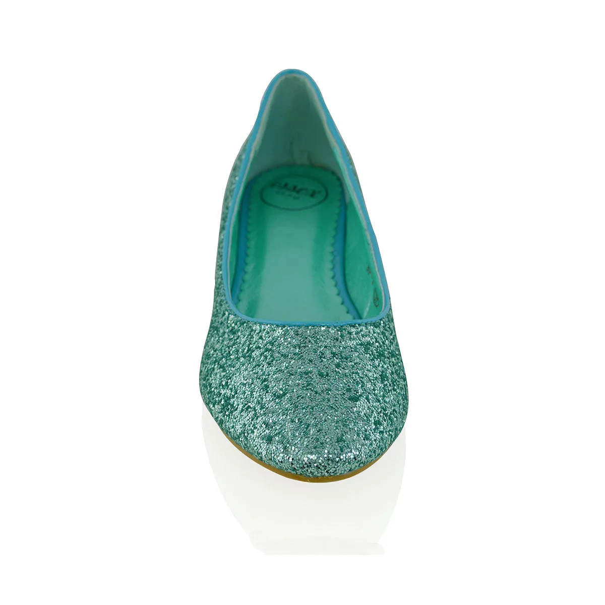 JAZ SLIP ON FLAT LOW BLOCK HEEL SPARKLY BALLERINA PUMP SHOES IN TURQUOISE GLITTER