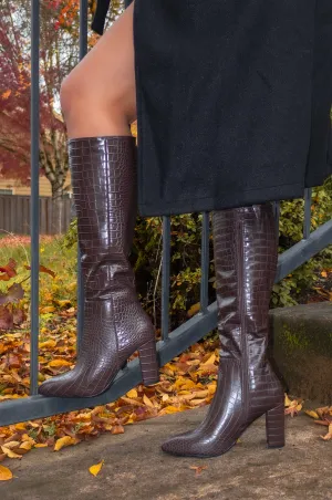 Martha - Embossed Croc Chunky Heel Boots, Inward-Zipper Closure, Stylish Winter Footwear, Bold & Comfortable for Casual or Dressy Outfits