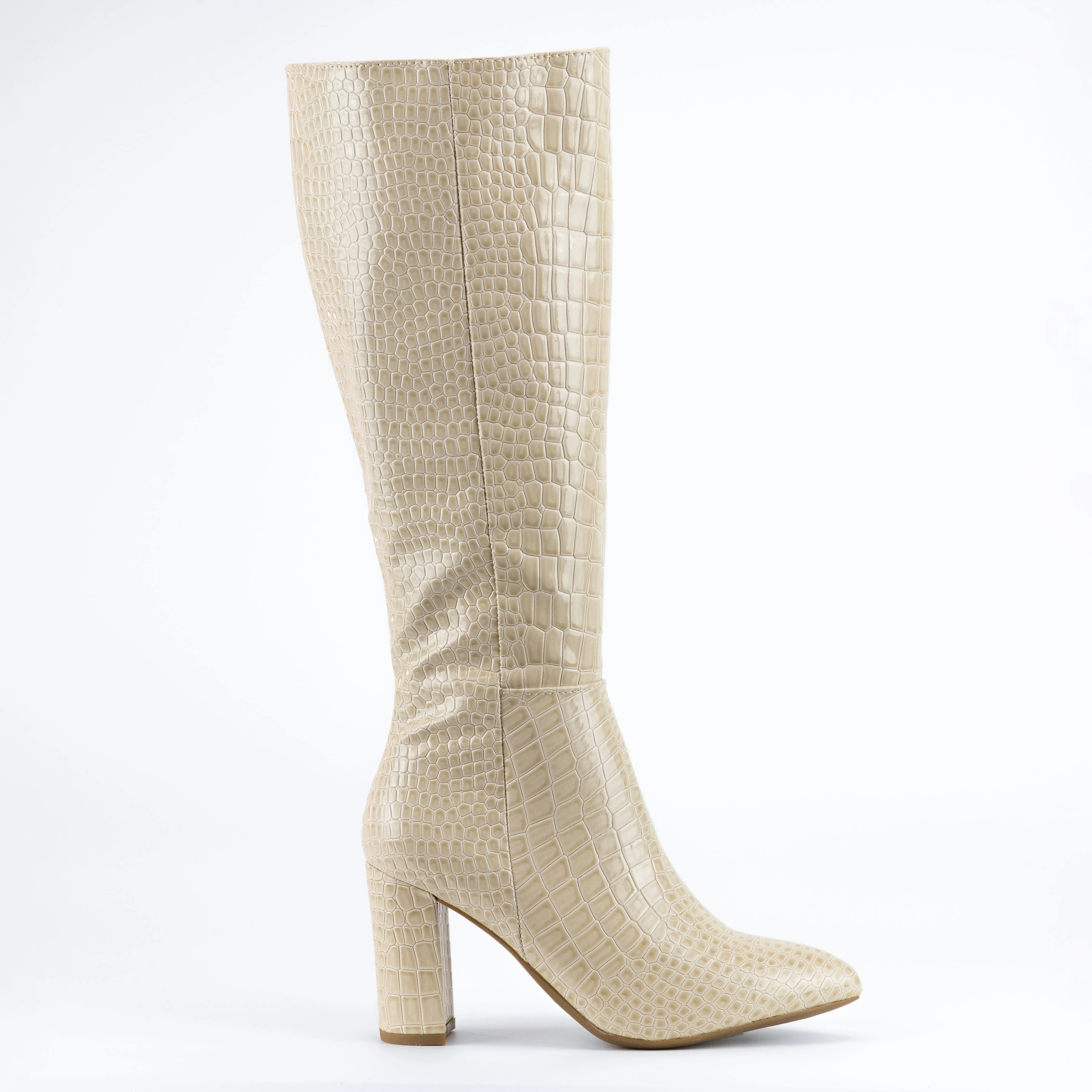 Martha - Embossed Croc Chunky Heel Boots, Inward-Zipper Closure, Stylish Winter Footwear, Bold & Comfortable for Casual or Dressy Outfits