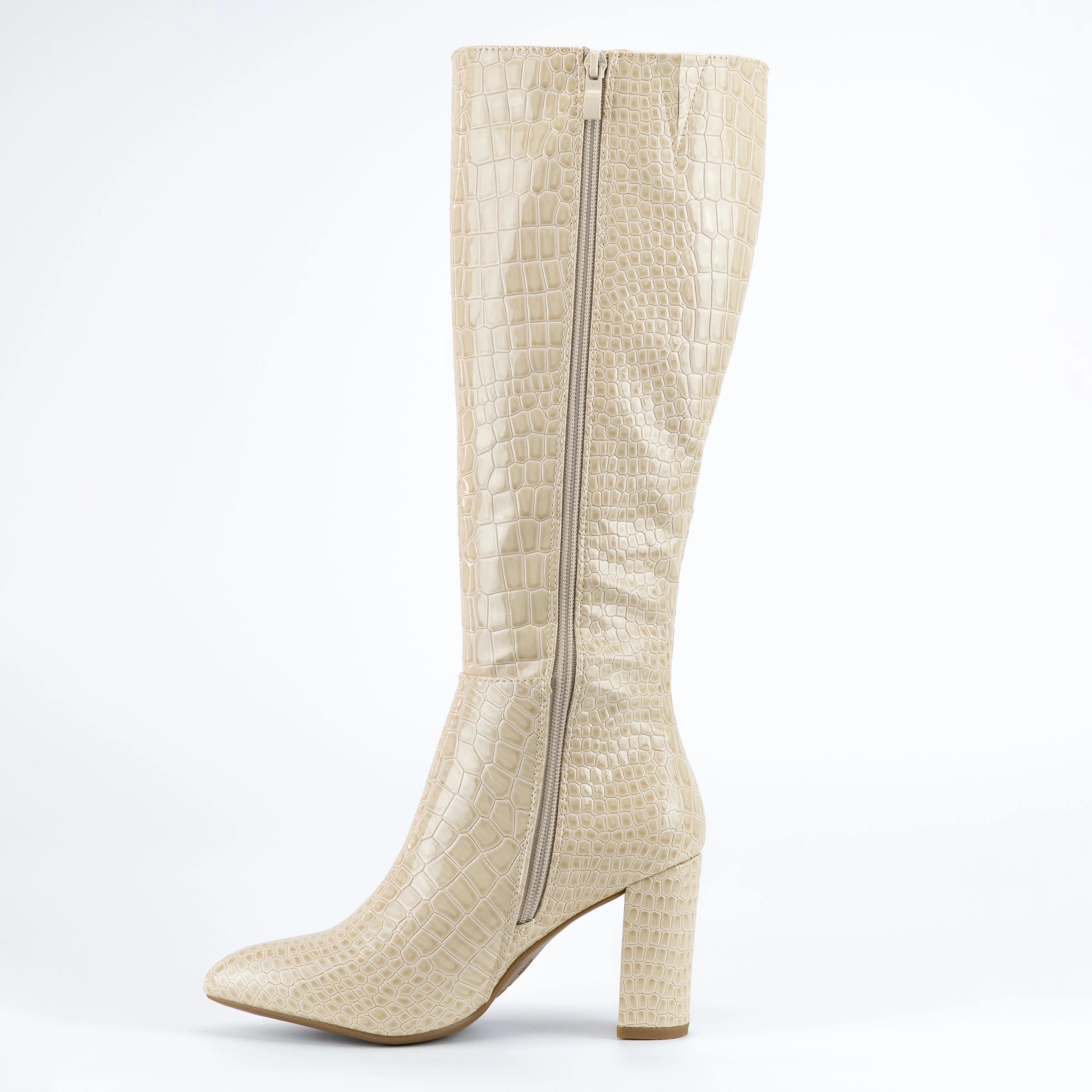 Martha - Embossed Croc Chunky Heel Boots, Inward-Zipper Closure, Stylish Winter Footwear, Bold & Comfortable for Casual or Dressy Outfits