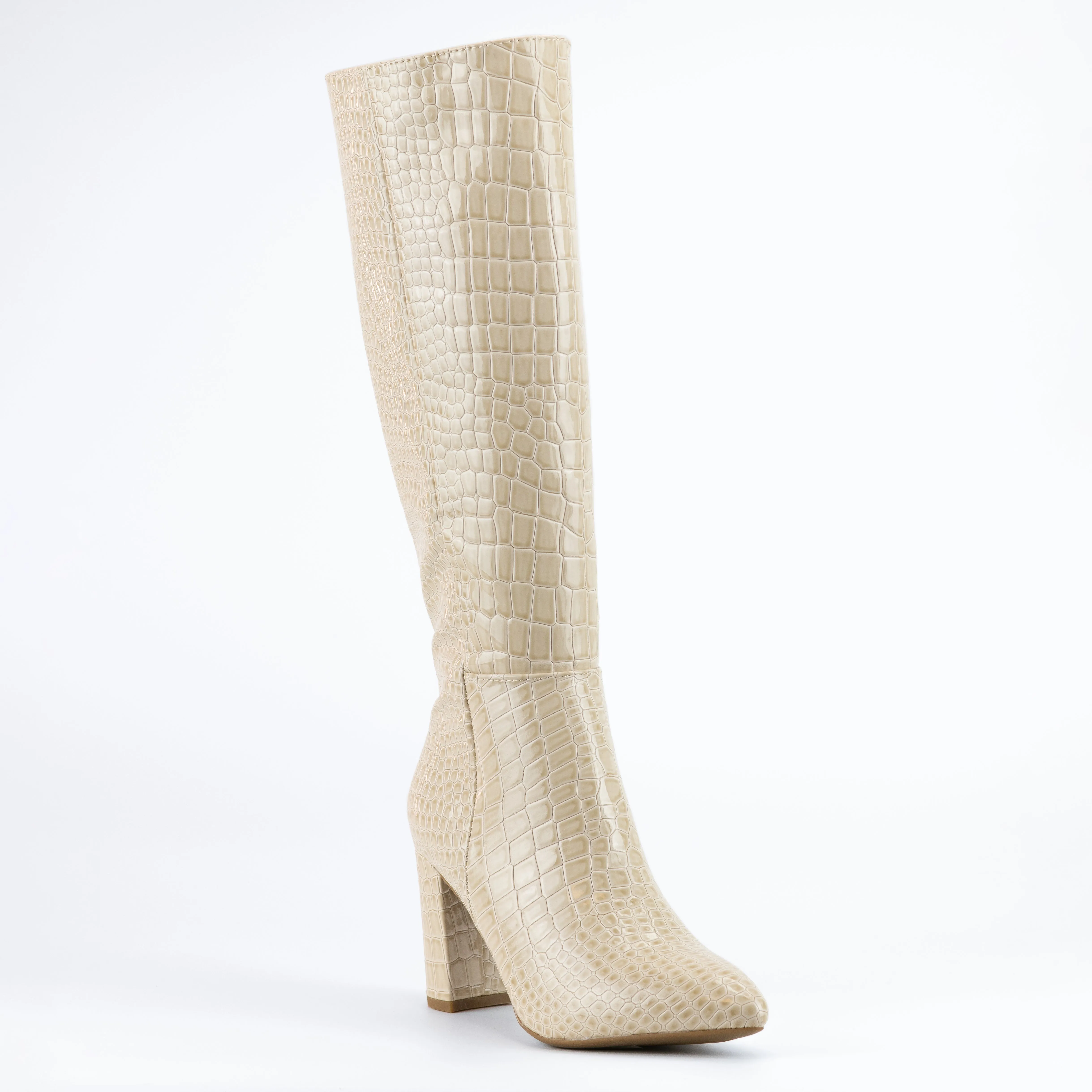 Martha - Embossed Croc Chunky Heel Boots, Inward-Zipper Closure, Stylish Winter Footwear, Bold & Comfortable for Casual or Dressy Outfits