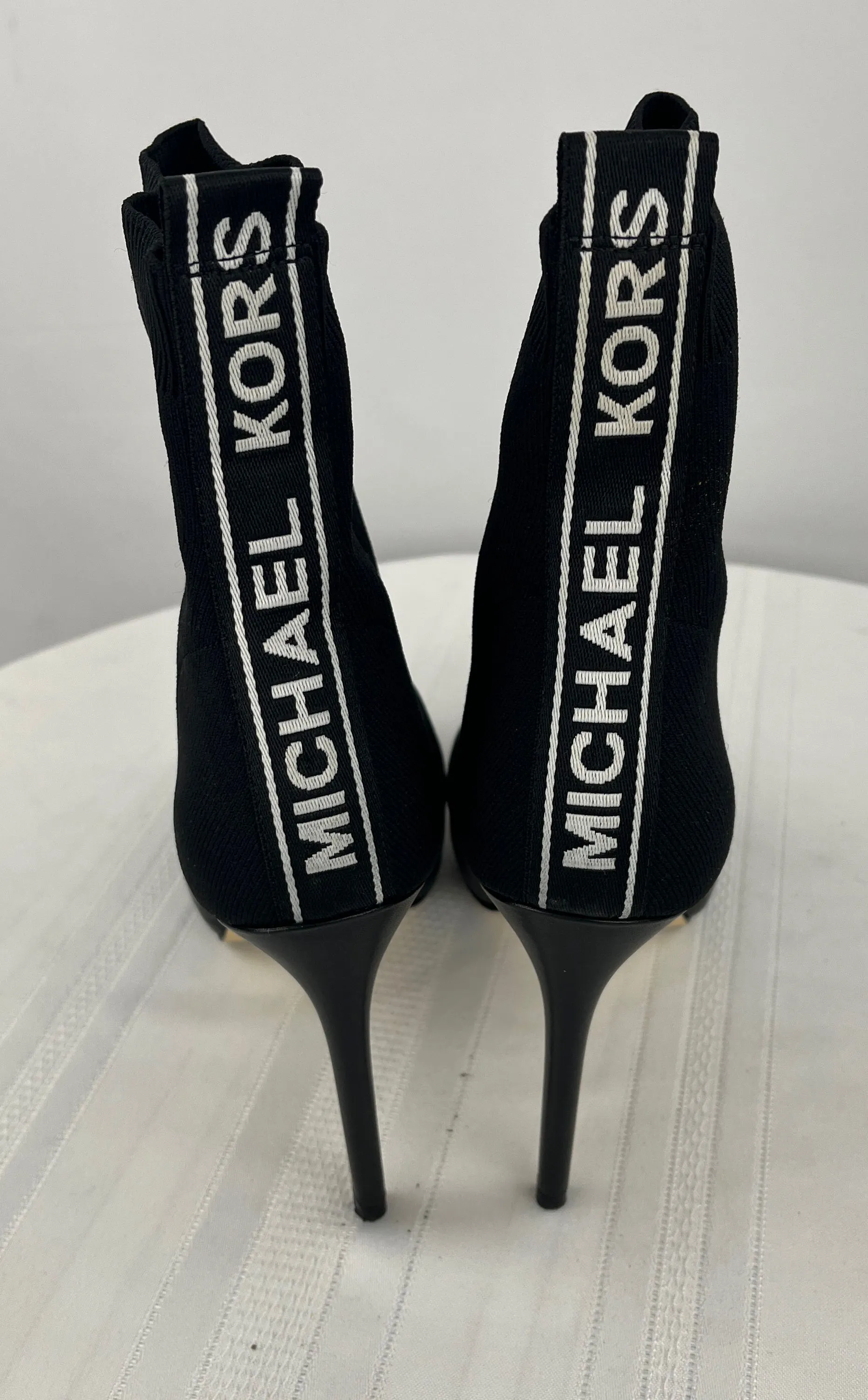 Michael Michael Kors Vicky Logo Tape Black Knit Ankle Bootie Sock Heels Size 10M
