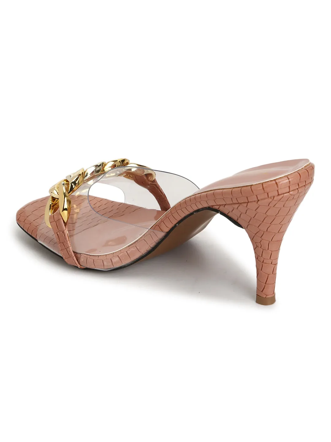 Nude Patent Snake Gold Chained Stiletto Mules