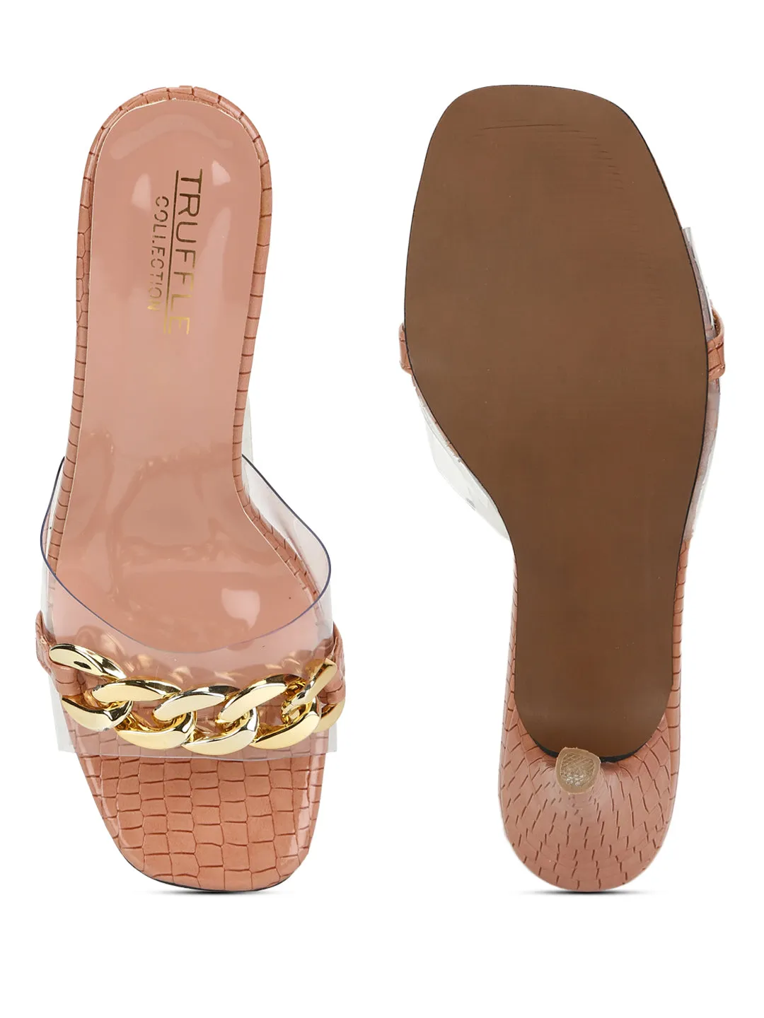 Nude Patent Snake Gold Chained Stiletto Mules