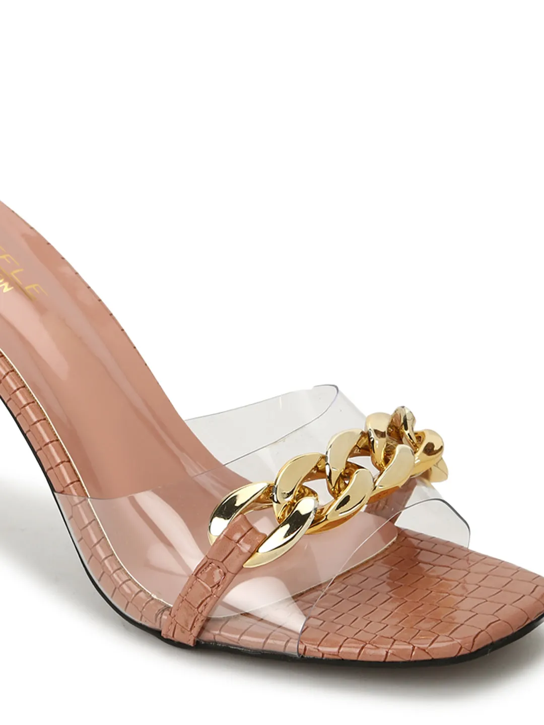 Nude Patent Snake Gold Chained Stiletto Mules