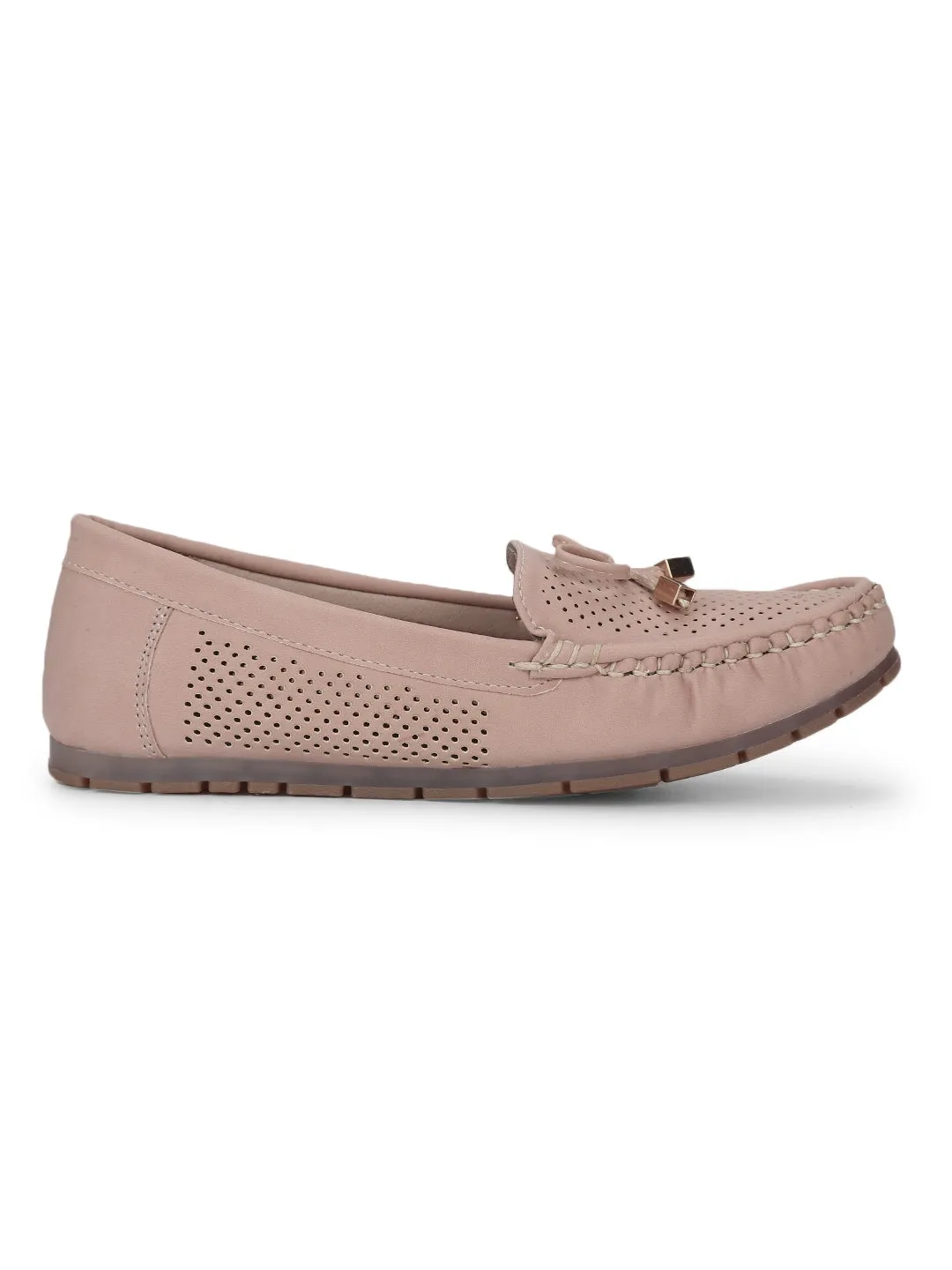 Nude PU Loafers With Bow