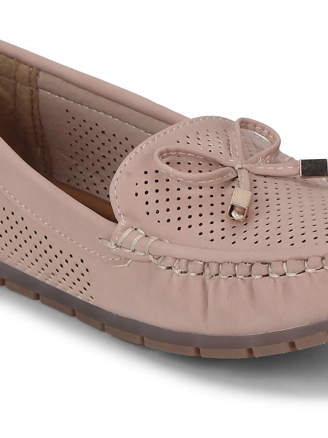 Nude PU Loafers With Bow
