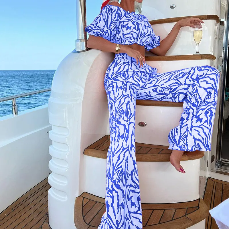 Off Shoulder Crop Top & Pants Set in Polyester