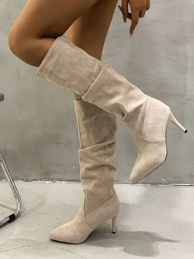 Pleated Pull-On High Heel Boots