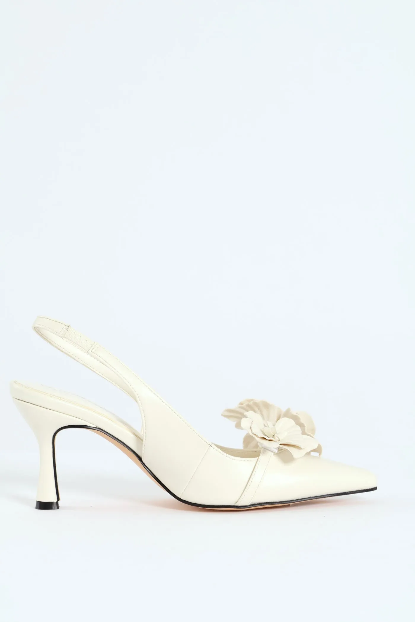 Pointed Slingback 3D Flower Detail Kitten Heel - Off White
