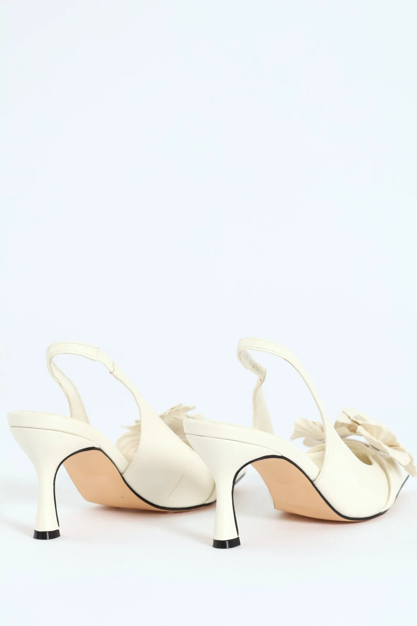 Pointed Slingback 3D Flower Detail Kitten Heel - Off White
