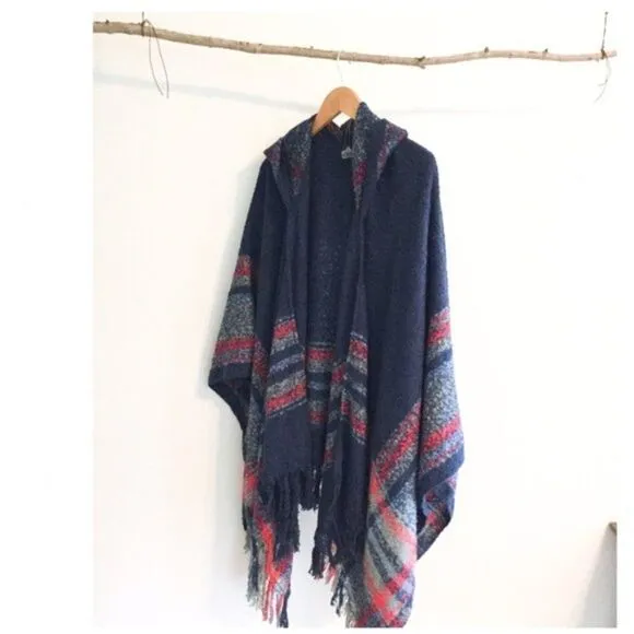 PONCHO  Hooded with Stripes &amp; Fringe Hem