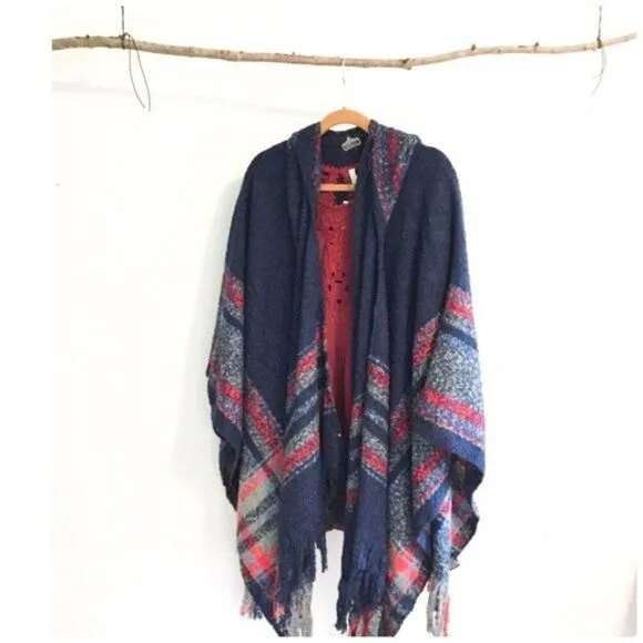 PONCHO  Hooded with Stripes &amp; Fringe Hem