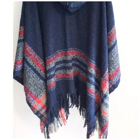 PONCHO  Hooded with Stripes &amp; Fringe Hem