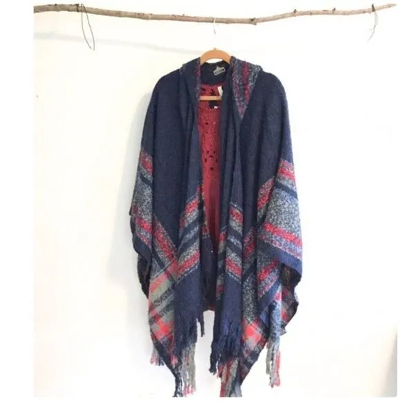 PONCHO  Hooded with Stripes &amp; Fringe Hem