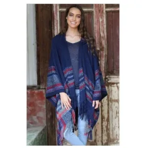 PONCHO  Hooded with Stripes &amp; Fringe Hem