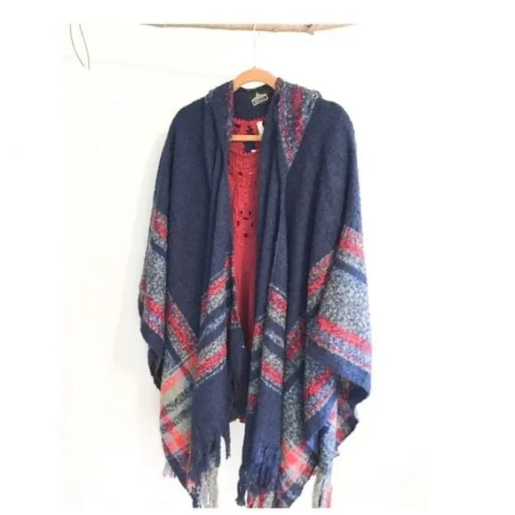 PONCHO  Hooded with Stripes &amp; Fringe Hem