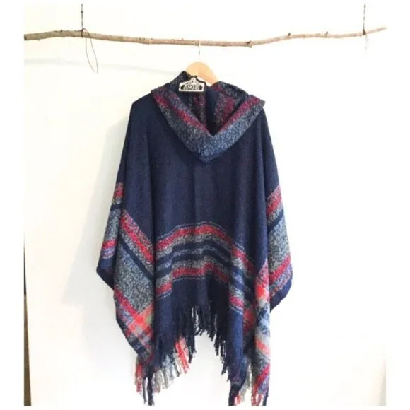 PONCHO  Hooded with Stripes &amp; Fringe Hem