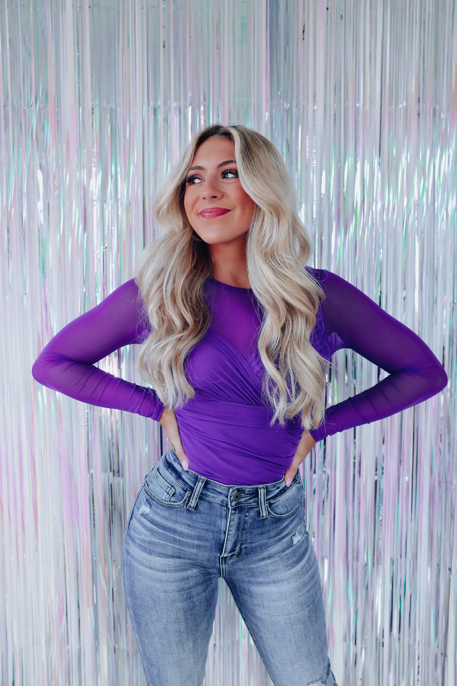 Regally Ruched Mesh Bodysuit - Purple