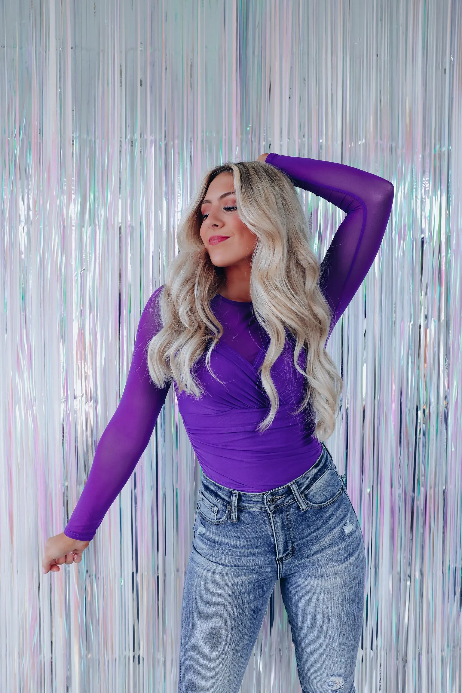 Regally Ruched Mesh Bodysuit - Purple