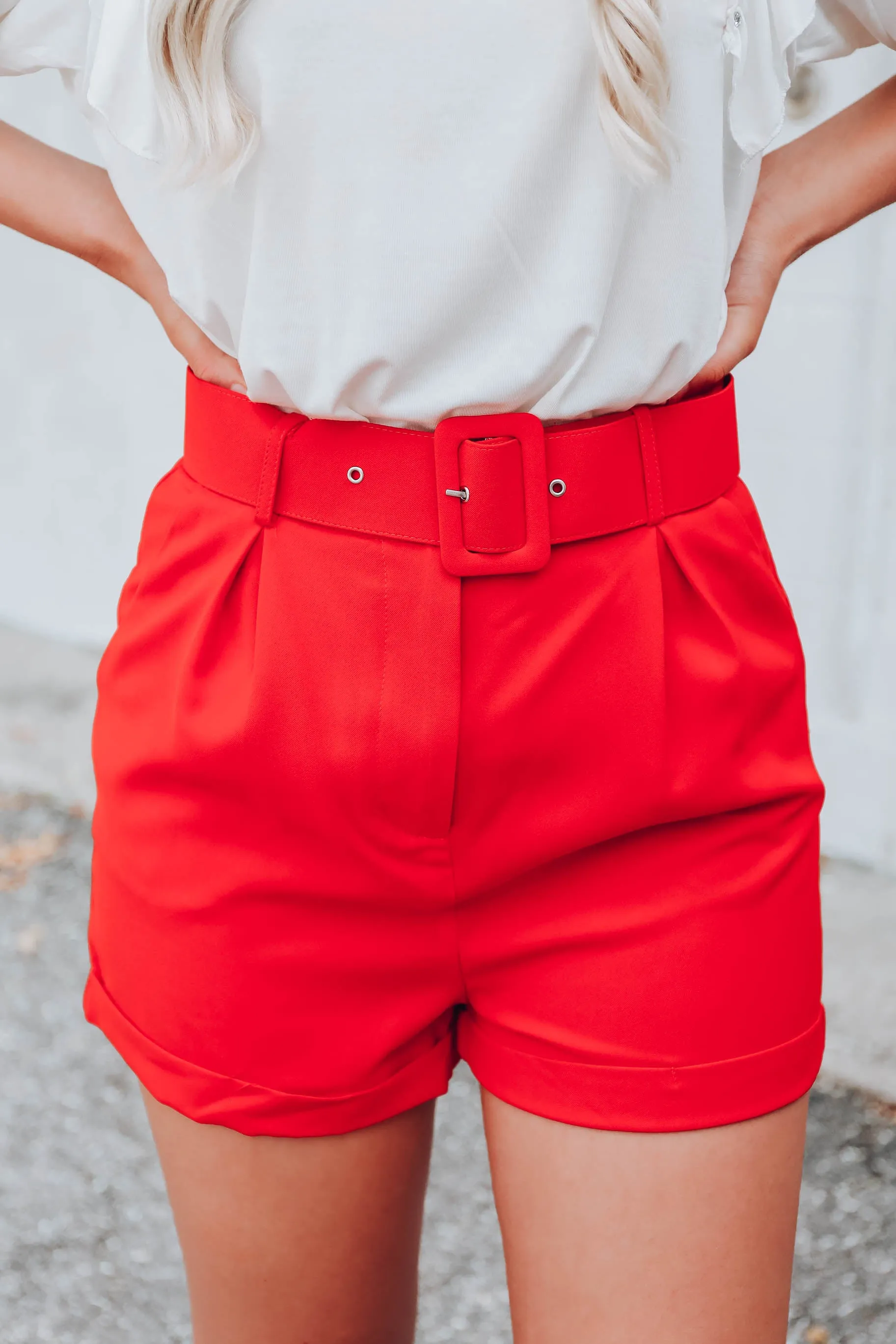 Ritzy Belted Dress Shorts - Red