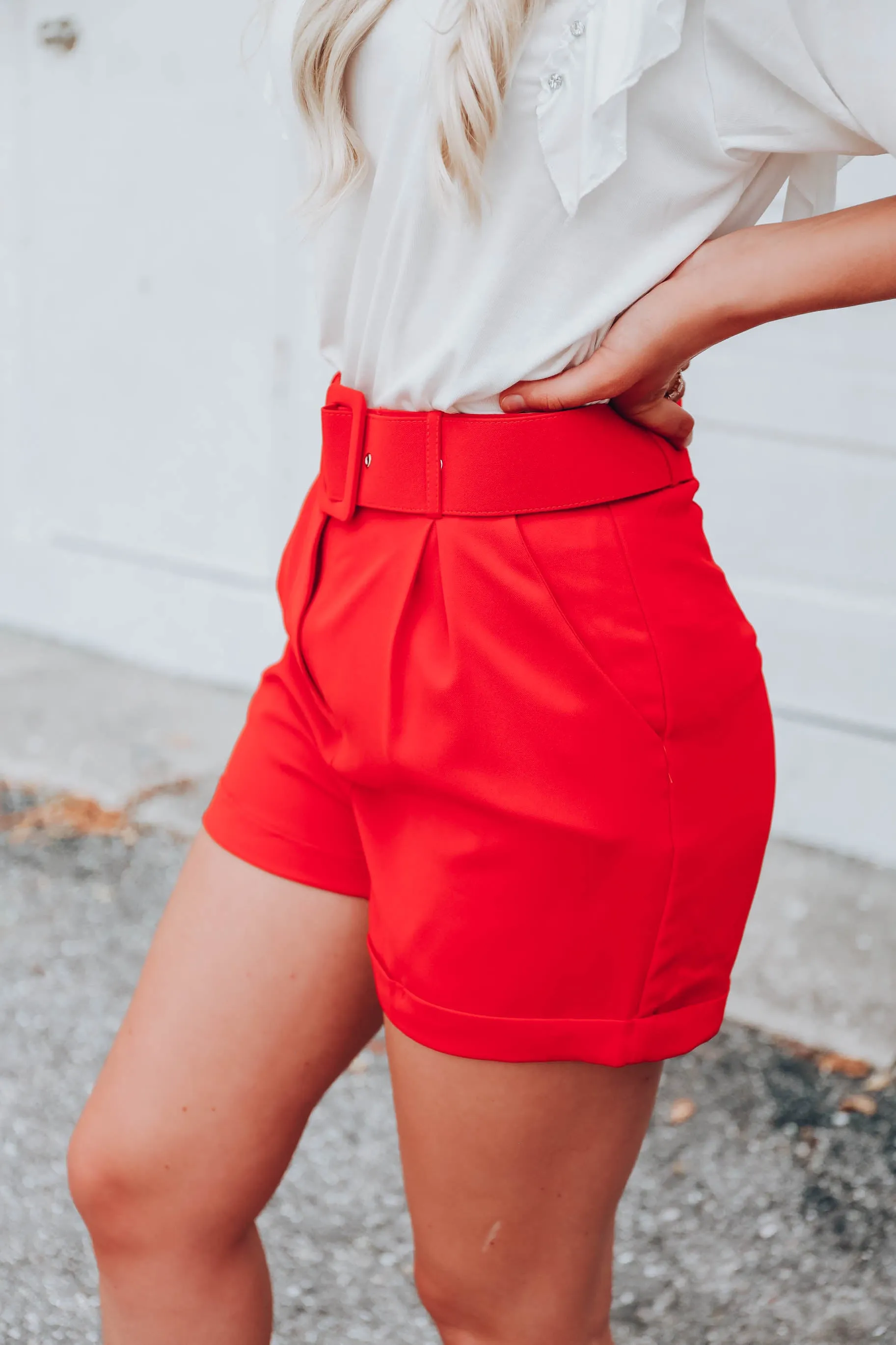 Ritzy Belted Dress Shorts - Red