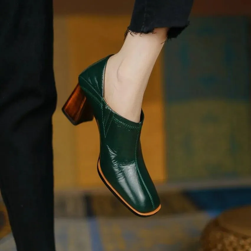 Sandra -  Square High Heels High Quality Genuine Leather
