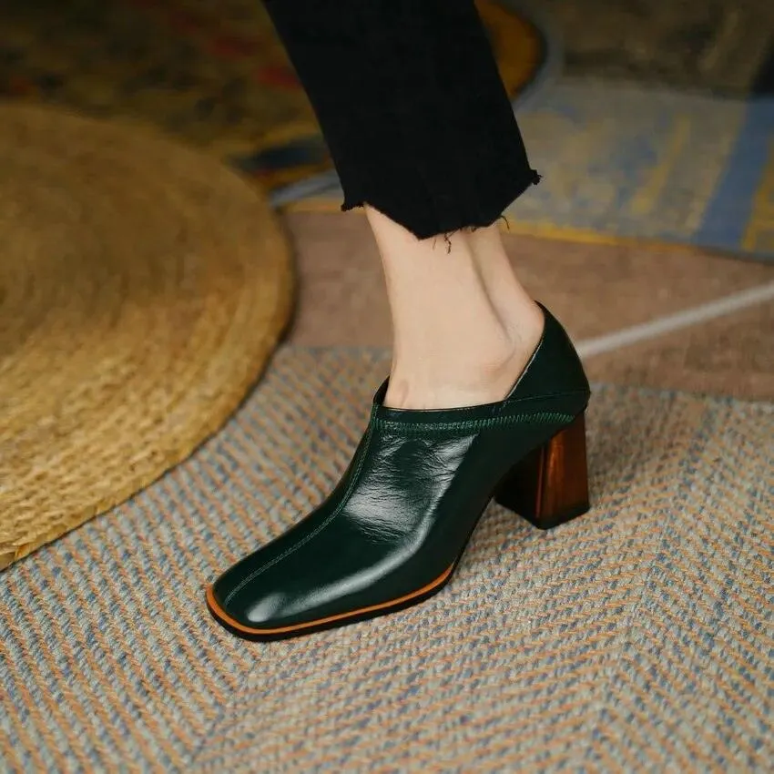 Sandra -  Square High Heels High Quality Genuine Leather