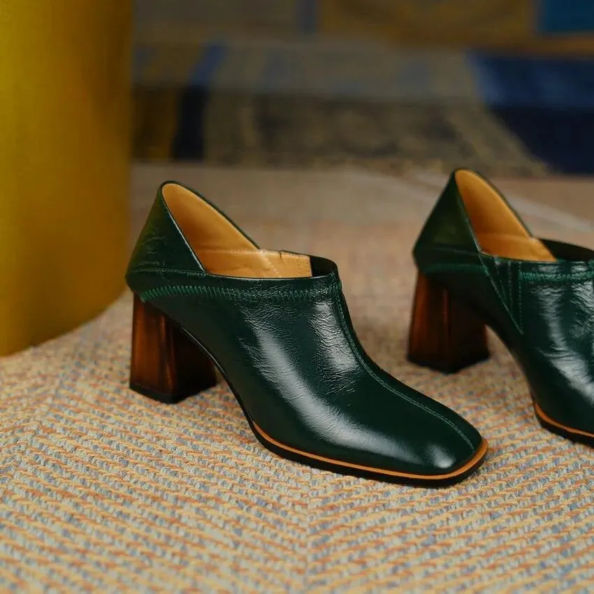 Sandra -  Square High Heels High Quality Genuine Leather
