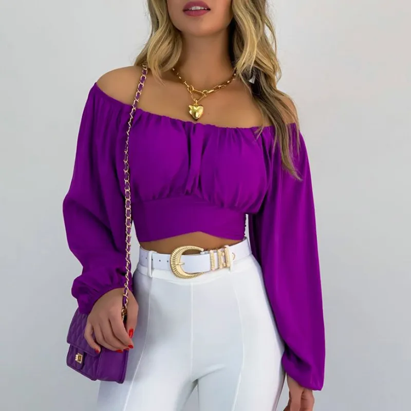 Sassy Nights Off-Shoulder Ruched Long Sleeve Crop Top