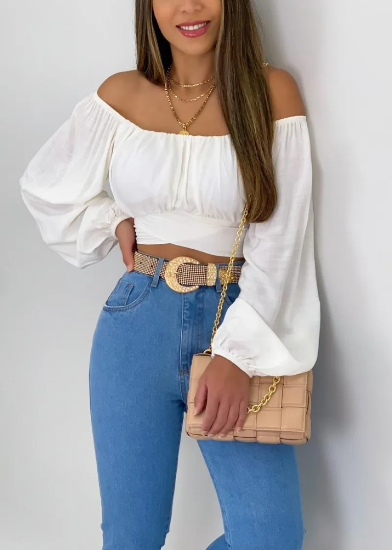 Sassy Nights Off-Shoulder Ruched Long Sleeve Crop Top