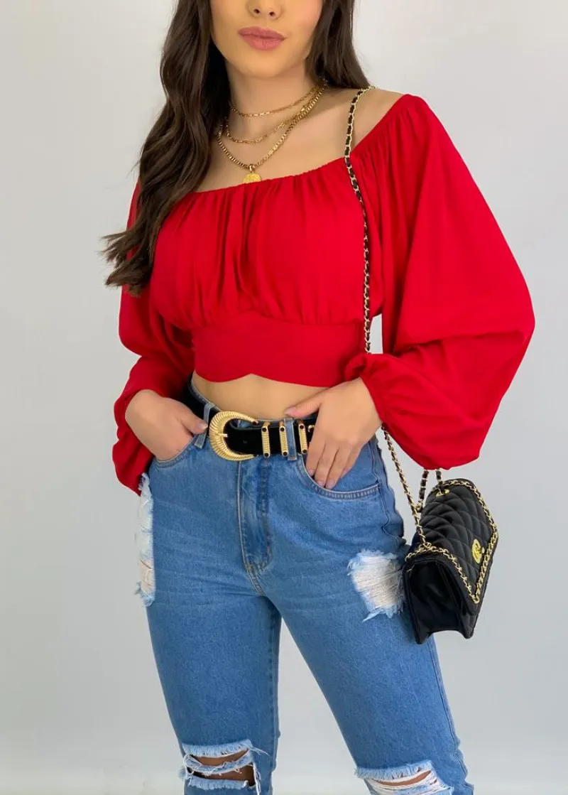 Sassy Nights Off-Shoulder Ruched Long Sleeve Crop Top