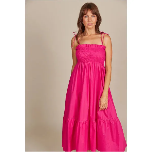Shirred Cotton Maxi Dress - Raspberry