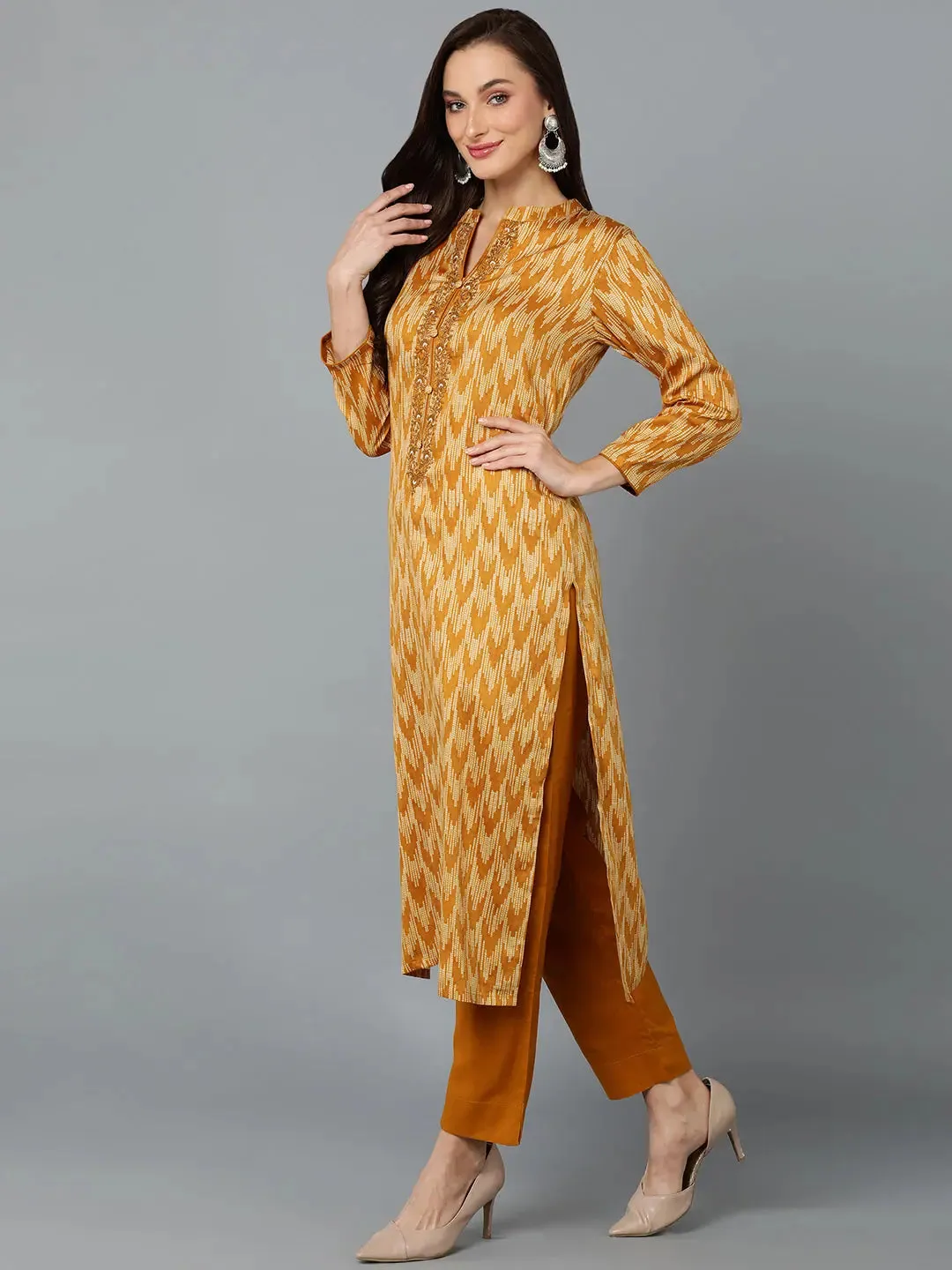 Silk Blend Ochre Yellow Straight Kurta Pant-VKSKD1815
