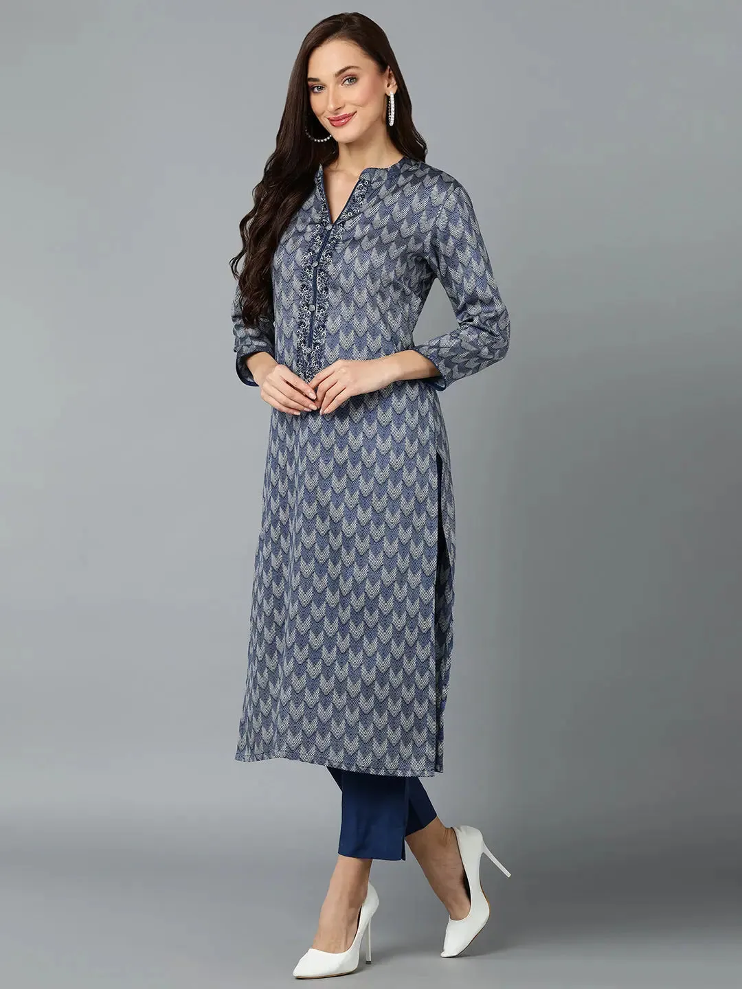 Silk Blend Prussian Blue Straight Kurta Pant-VKSKD1818