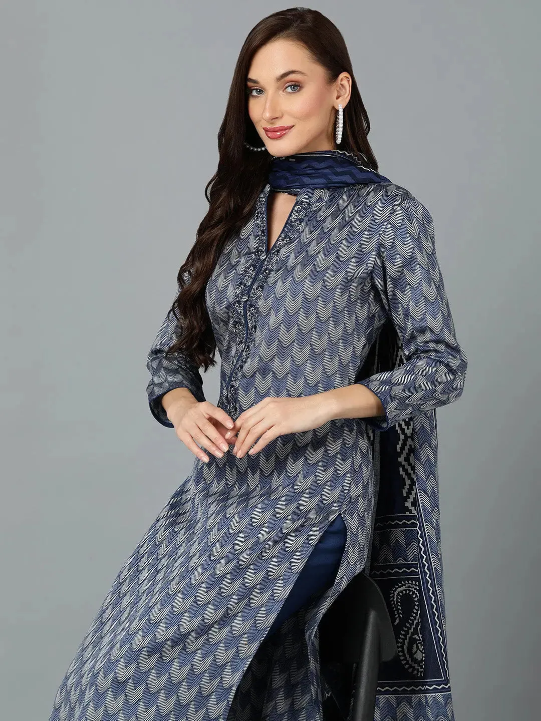 Silk Blend Prussian Blue Straight Kurta Pant-VKSKD1818