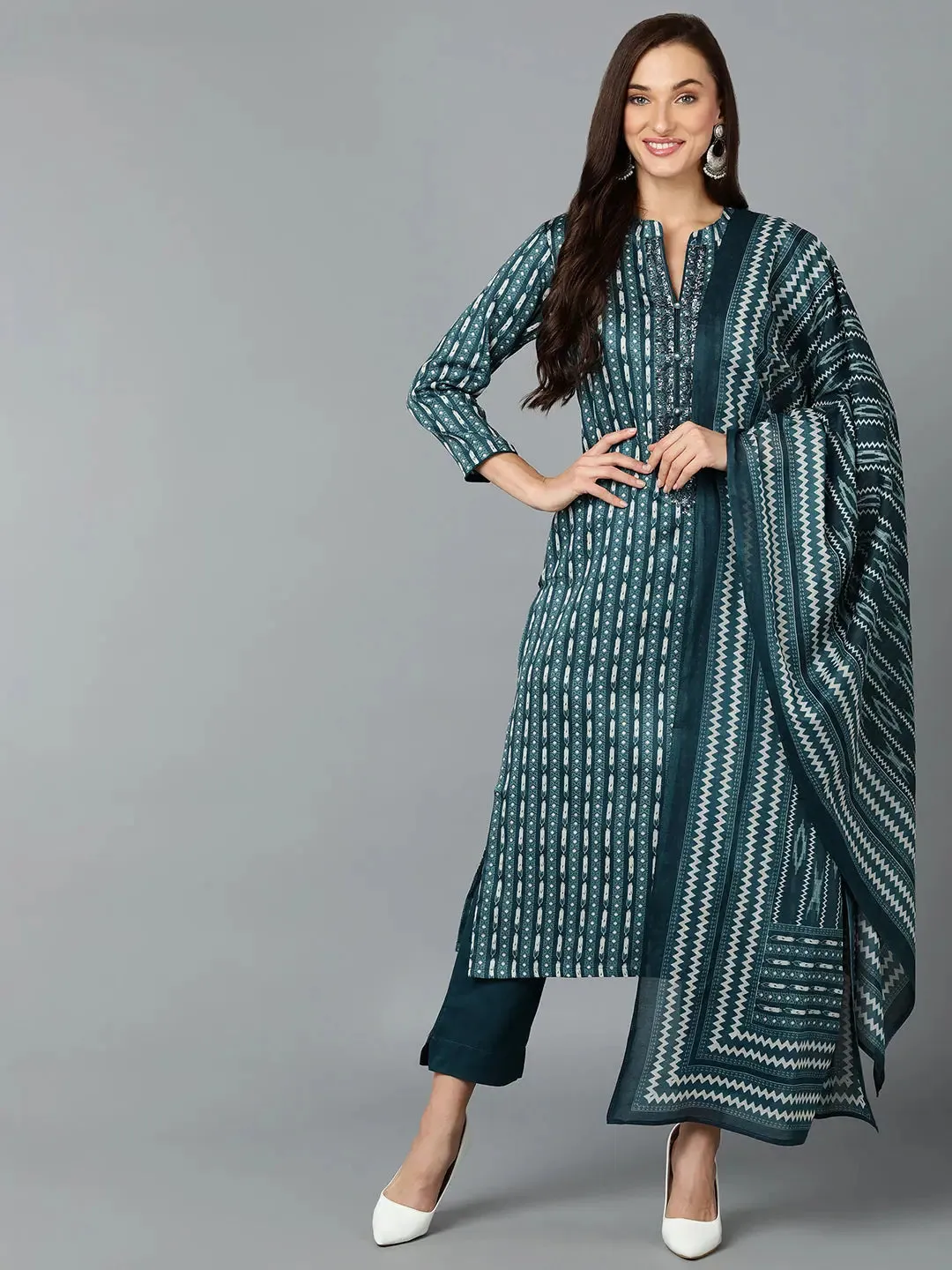 Silk Blend Teal Straight Kurta Pant With-VKSKD1810
