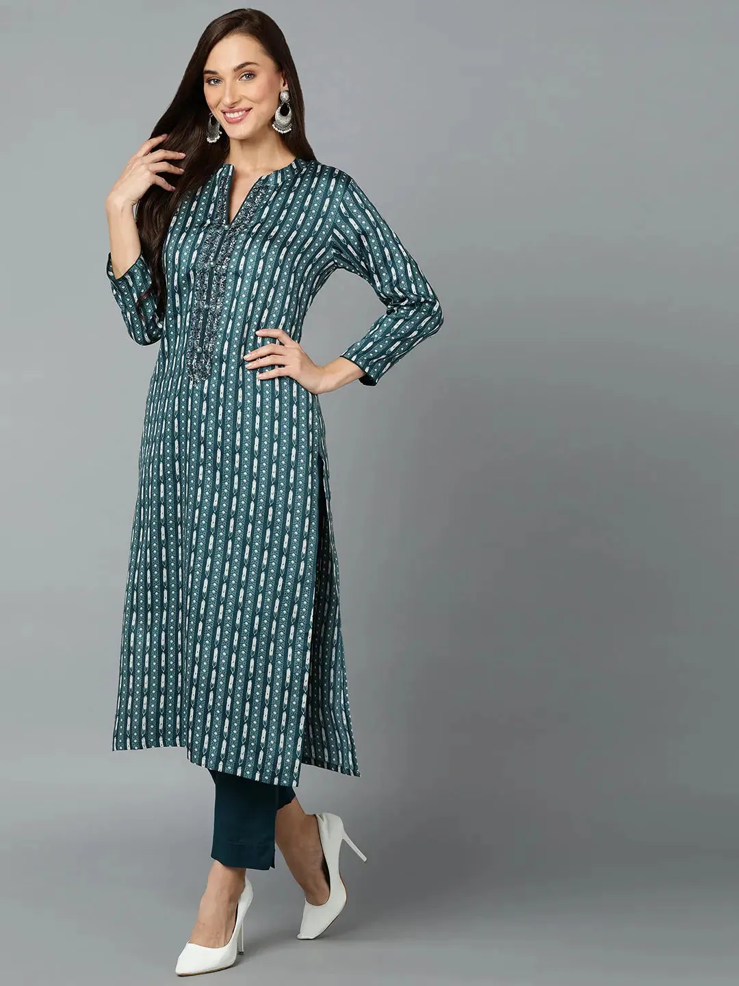Silk Blend Teal Straight Kurta Pant With-VKSKD1810