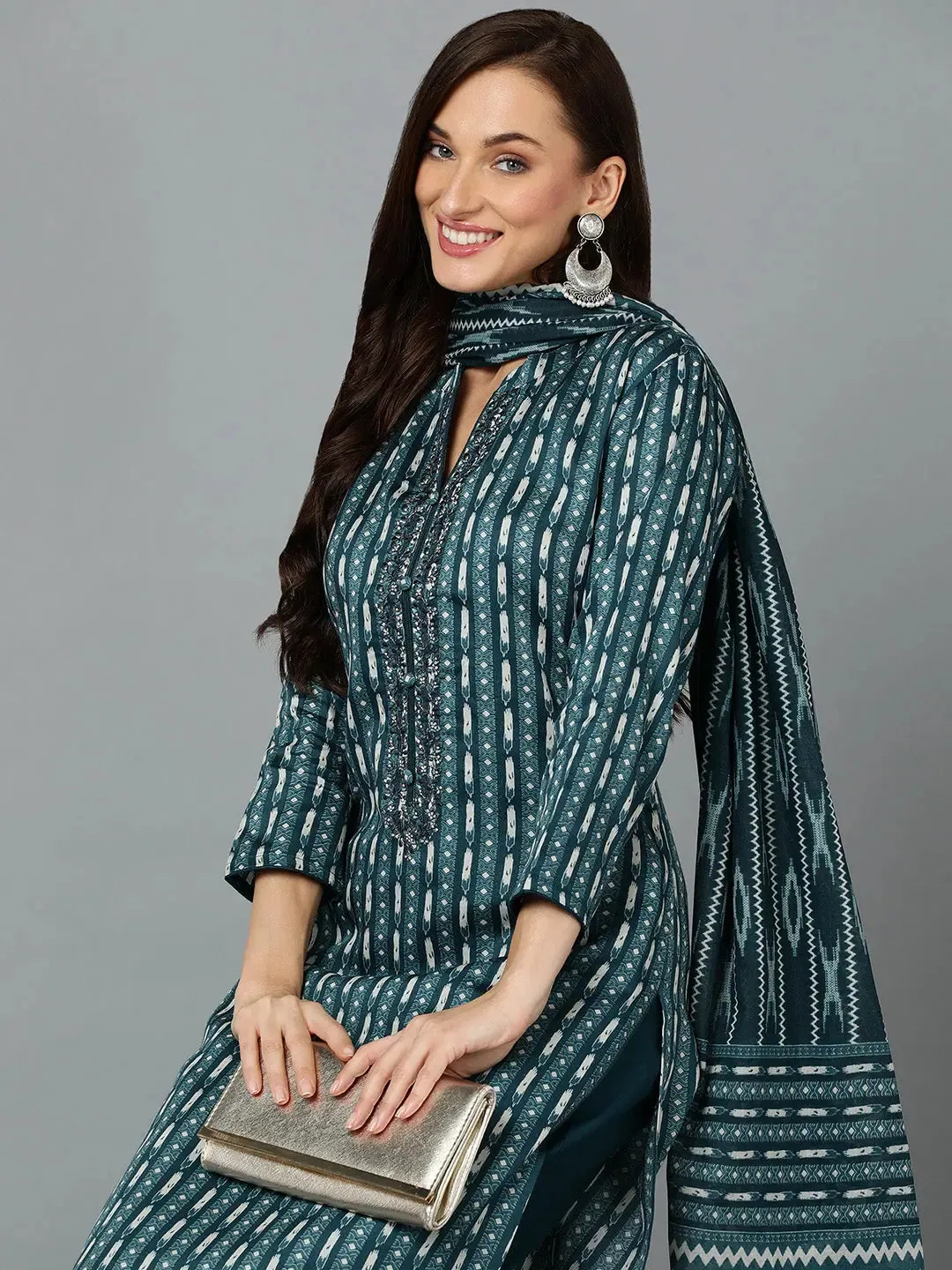 Silk Blend Teal Straight Kurta Pant With-VKSKD1810