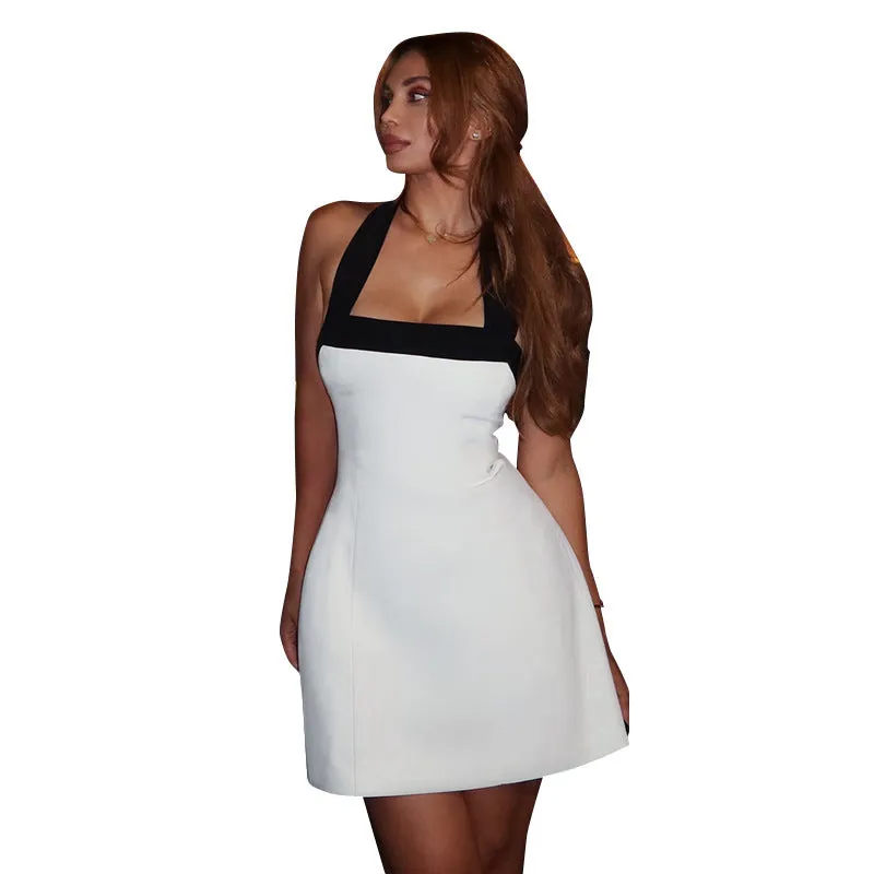 Sophisticated Contrast Halter Neck Mini Dress with Bold Elegance