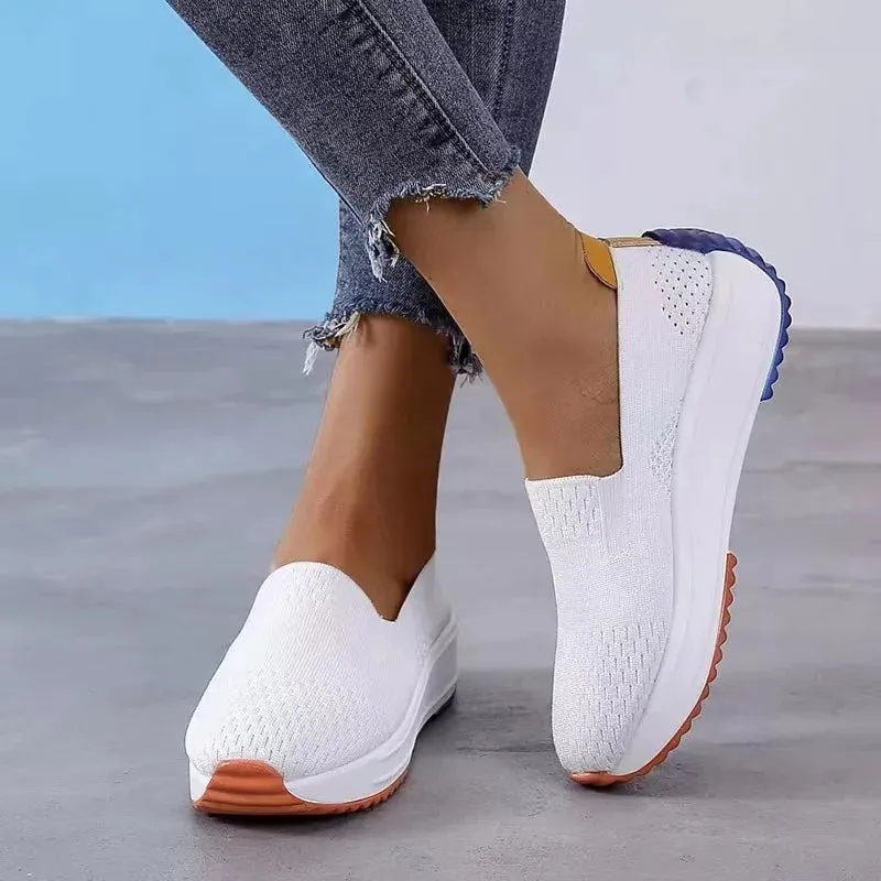 Spring Women Sneakers Mesh Flats Thick Sole Wedge Slip-on Female Shoes Lady Breathable Cozy Concise Casual Sports Walking Shoes
