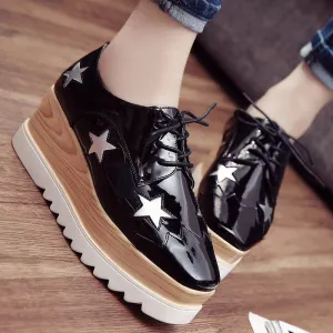 Stars Womens Flats Round Toe Patent Leather Platform Shoes Oxford Lace up Derby Shoes Size 35-39 Brogue Shoes PX69